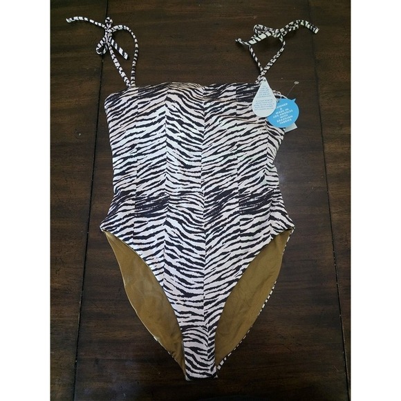 Wet LA Other - NWT Wet LA Large Zebra Shoulder Ties Square Neck 1PC Swimsuit Tan Black 127087